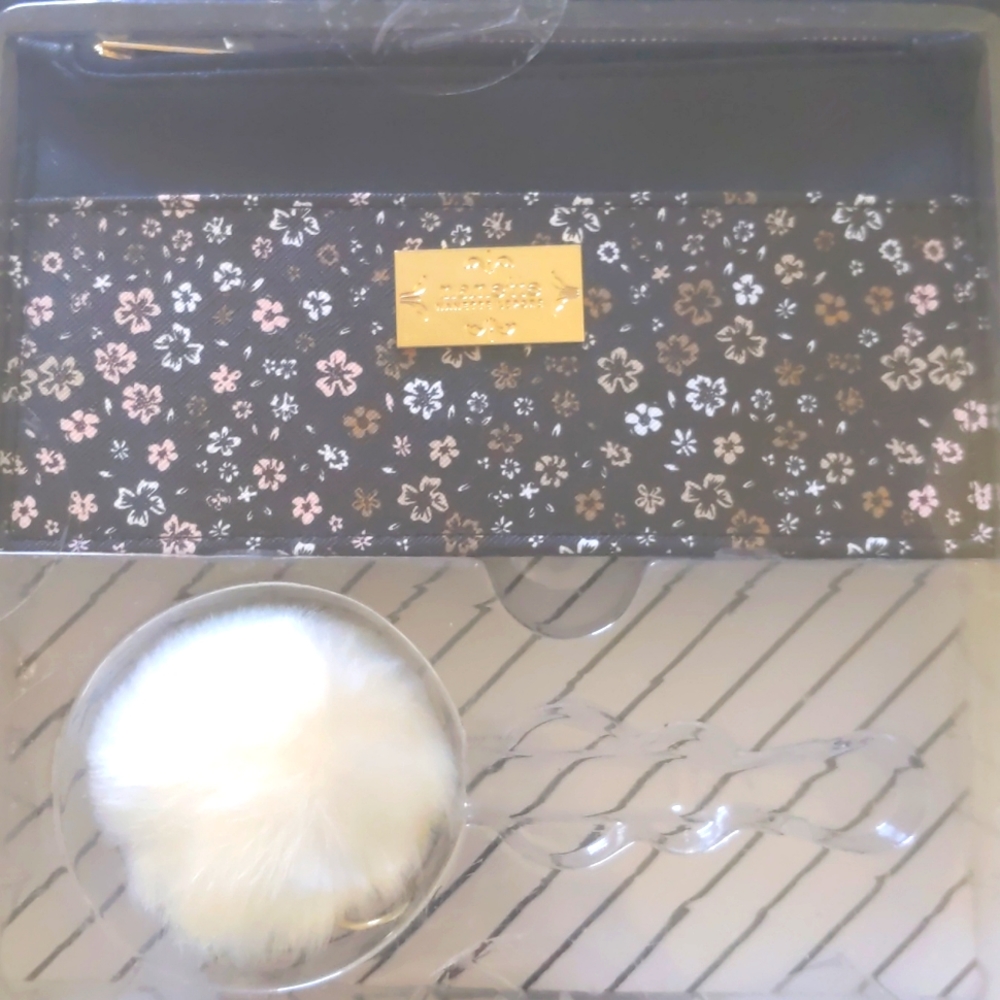 Nanette Lepore flat card wallet and pom key chain